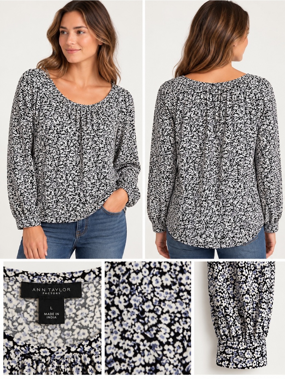 Ann Taylor Factory Women’s Large Black White Floral Long Sleeve Blouse
